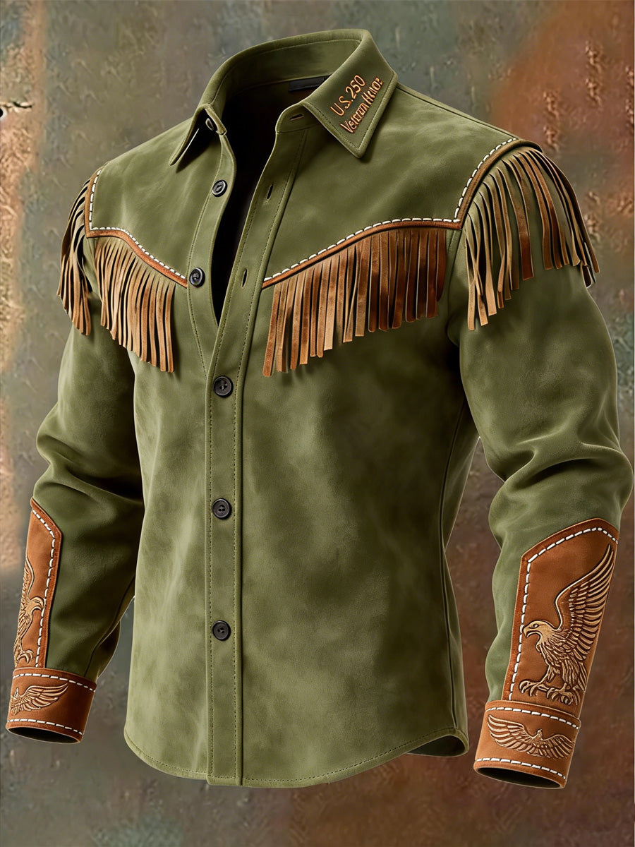 Men's Retro Western Style U.S 250 Commemorative Veteran Print Vintage Tassel Casual Long Sleeve Shirt